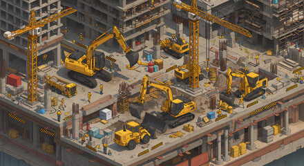 Isometric Construction Site: Yellow Machinery and Workers Building a Skyscraper.