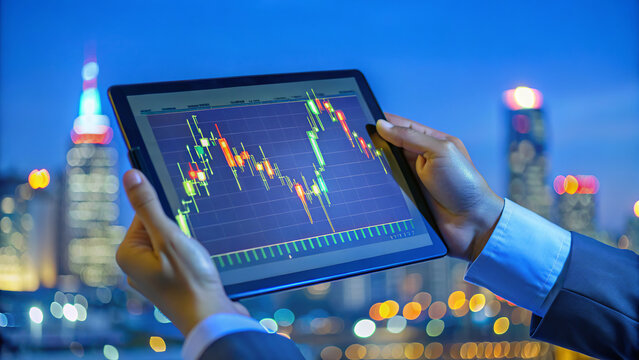 Close-up of hands interacting with a digital tablet displaying financial graphs and data visualizations, set against a vibrant, blurred cityscape at night. The screen illuminates the hands, while warm