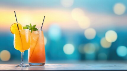 Nightlife Top view of a table filled with assorted cocktails in a trendy rooftop bar.