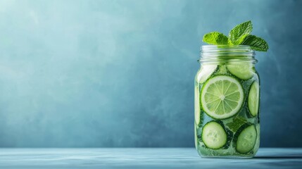 Vitamin Healthy detox drink with sliced cucumbers, lime, and mint leaves floating in a clear jar.
