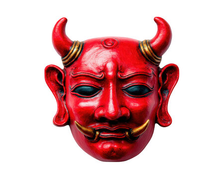 Red demon mask with tusks, fierce expression, traditional Asian style, isolated on transparency background, cultural artifact, dramatic and intimidating look, handcrafted detail - Powered by Adobe