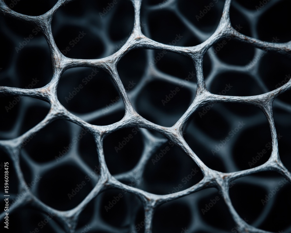 Poster close-up image of a dark, hexagonal mesh structure, highlighting intricate texture and depth with a 