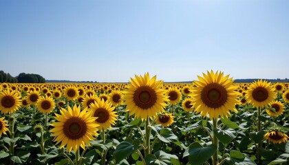 Fototapeta premium sunflower field stretching to horizon, blue sky above, joyful summer energy