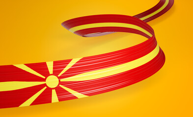 Flag Of North Macedonia Wavy Shiny North Macedonia Ribbon Flag On Yellow Background 3d Illustration