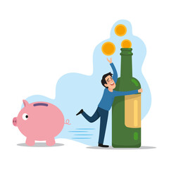 Drunk Man Hugging Alcohol Bottle. Alcohol addiction concept. Bad habits and unhealthy. Not save money. Drawings, Illustration, Cartoon, Vector.