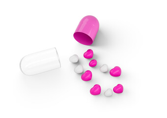 An Open Pink And White Glossy Capsule With Minimal Heart Shaped Pills Spilling Out 3D Illustration