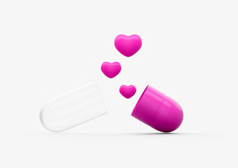 An Open Pink And Transparent Capsule With Three Pink Hearts Pills Spilling Out 3D Illustration