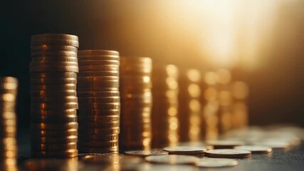 Stacks of golden coins lit by warm, glowing light