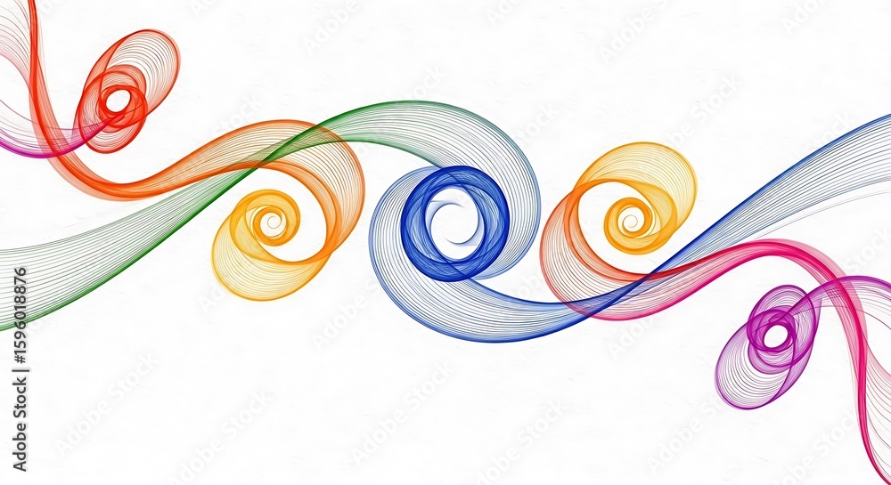 Poster abstract colorful swirls and spirals flow across a white background, creating a dynamic and vibrant 