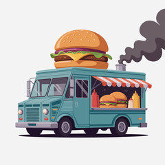 Turquoise food truck serving delicious burgers with a giant burger on top