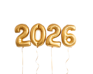 A display of golden foil balloons spelling out the year two thousand twenty six on a white background
