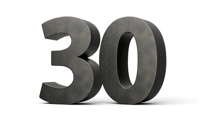 Number Thirty 30 Digit Made Of Gray Smooth Cast Iron Isolated On White Background 3d Illustration