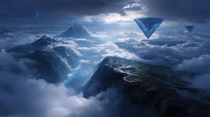 Blue Geometric Structures Hovering Over a Mountainous Cloudscape