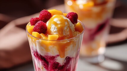 Close-Up of a Layered Dessert with Raspberries and Mango in a Glass