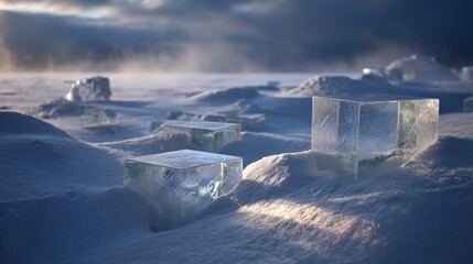 Clear Ice Cubes in Snowy Landscape
