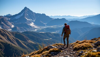 Obraz premium solo traveler hiking mountain trail, backpack on, adventurous spirit, empowerment