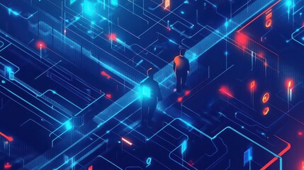 Fototapeta premium Two figures walking on a digital network with glowing lines and connections in a futuristic setting