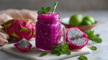 Vibrant Purple Dragon Fruit Smoothie with Mint and Lime