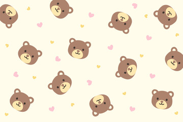 Adorable bear faces and tiny hearts in a seamless pattern on soft yellow.