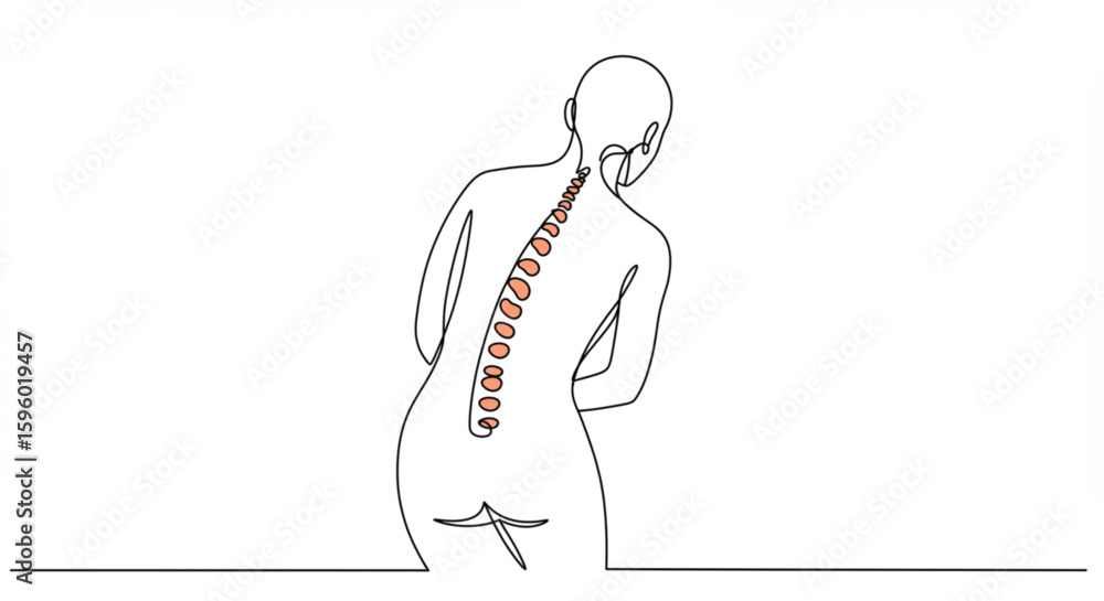 Poster woman showing spinal structure in single line outline vector style