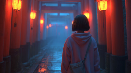 Obraz premium 少女が夜間の鳥居道をゆったり歩む