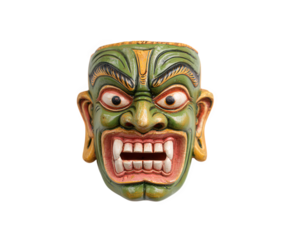 Traditional Chhau dance mask with bold green color, fierce expression, wide eyes, and bared teeth, used in Indian folk performances, isolated on transparency background