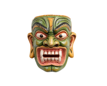 Traditional Chhau dance mask with bold green color, fierce expression, wide eyes, and bared teeth, used in Indian folk performances, isolated on transparency background