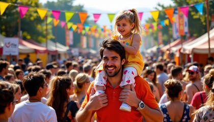 father carrying daughter on shoulders at festival, joyful crowd