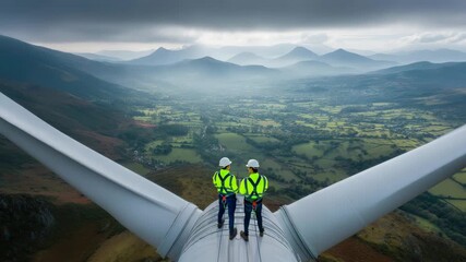 Engineers Standing on Wind Turbine Over Scenic Mountain Landscape - Powered by Adobe