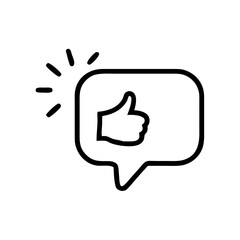 Obraz premium A minimalist linear icon of a thumbs-up gesture inside a speech bubble with a spark effect, representing like/feedback in a modern outline style, suitable for websites or blogs about social media