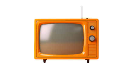 Retro orange television receiver with antenna, nostalgic and vintage technology design isolated on white or transparent png