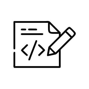 A minimalist linear icon of a document with code tags and a pencil, representing editing or writing code in a modern outline style, suitable for websites or blogs about programming, web development