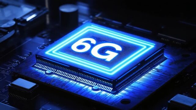 Futuristic Blue Microchip Featuring 6G Technology on Dark Circuit Board Background - Powered by Adobe
