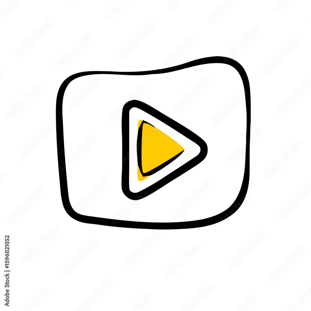 Poster doodle-style icon of play button inside a slightly distorted rectangular shape. this image can be us