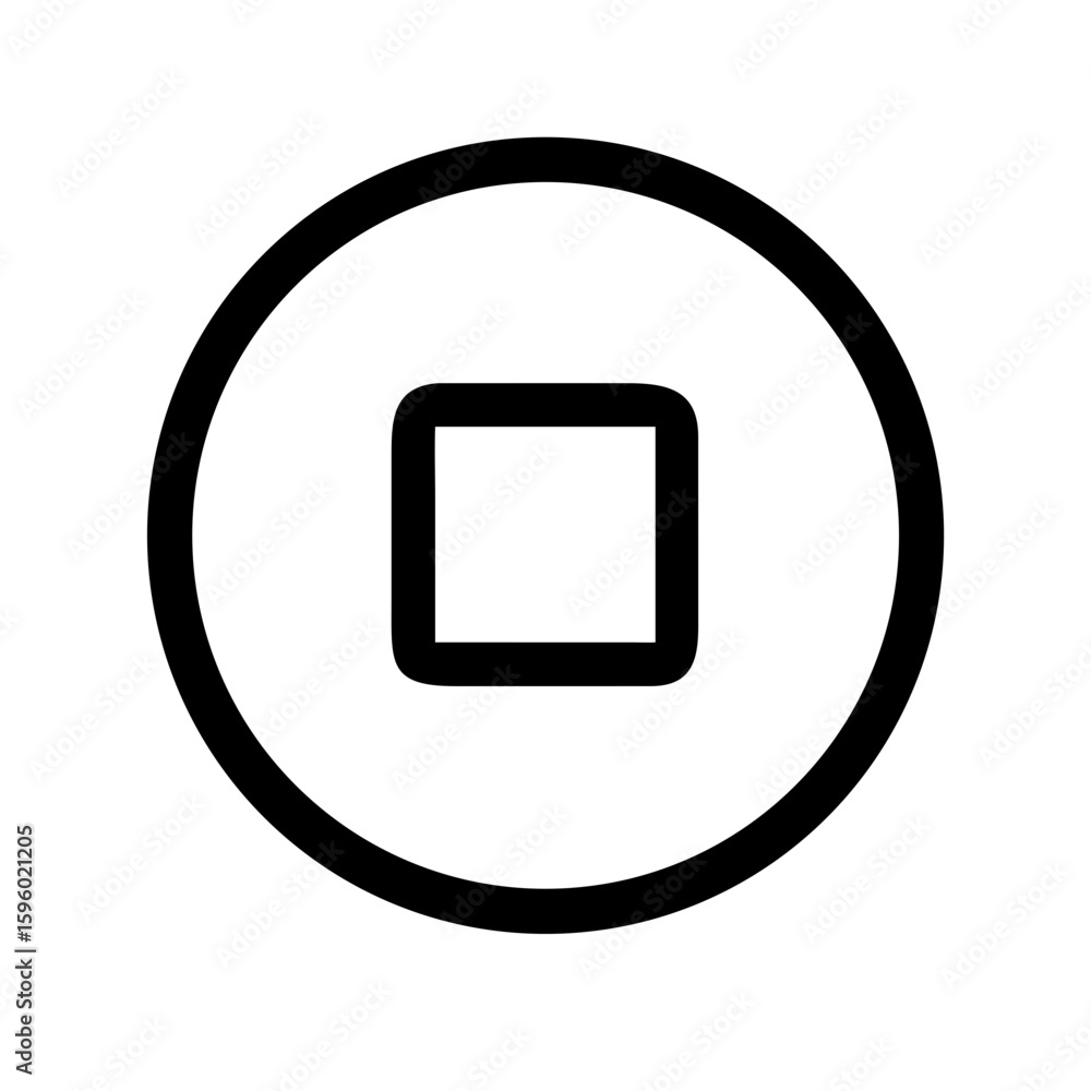 Poster a simple line-art icon of a square within a circle. ideal for websites/blogs indicating stop, pause,