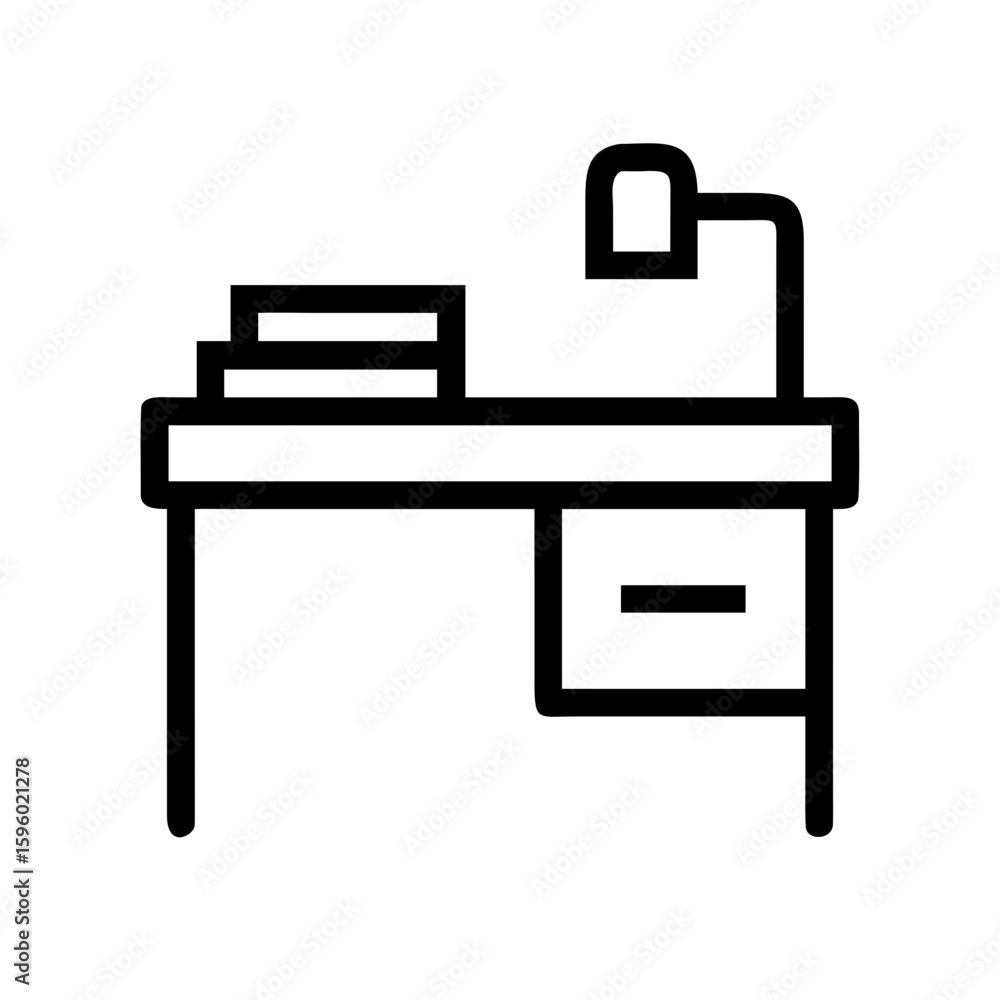 Aufkleber clean outline icon of a desk with a computer monitor and a desk lamp, ideal for websites or blogs ab
