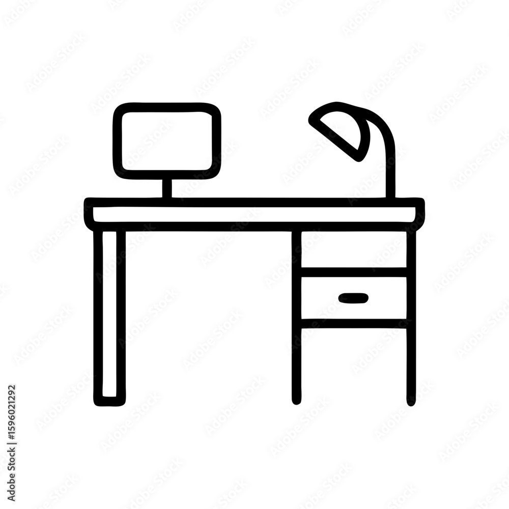 Poster clean outline icon of a desk with a computer monitor and a desk lamp, ideal for websites or blogs ab
