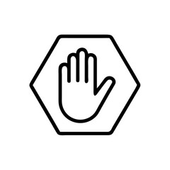 Obraz premium This flat outline icon features an open hand inside a hexagonal stop sign, suitable for websites or blogs conveying warning, access denial, security, or immediate halt.