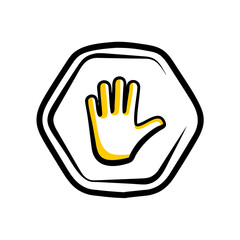 Obraz premium A stylized doodle icon of a hand in a stop gesture, inside a hexagon. Websites and blogs can use it to represent stopping a process, a warning, or a 