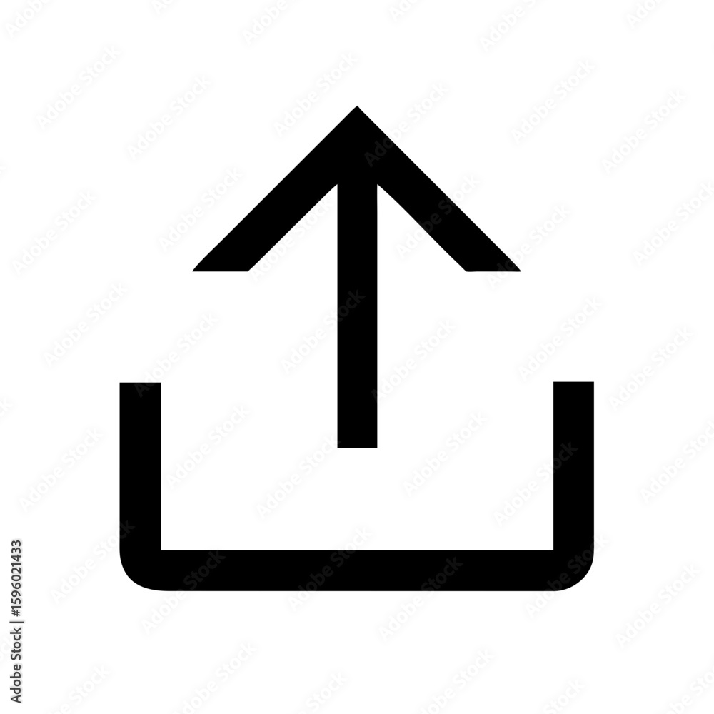Poster minimalist line art icon depicting an upload symbol (box with an upward arrow), suitable for website