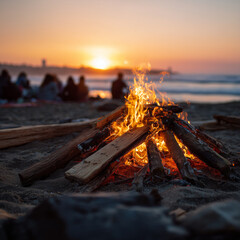sunset at the beach with a bonfire