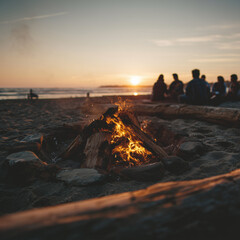 a cozy bonfire during a sunset on the beach