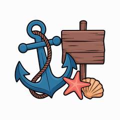 Clean and modern vector  nautical anchor starfish seashell wood sign illustration for summer beach vacation and sea adventures