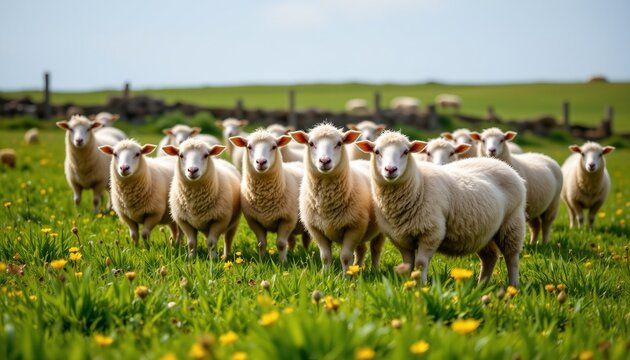 flock of sheep in green pasture, woolly coats, pastoral peace