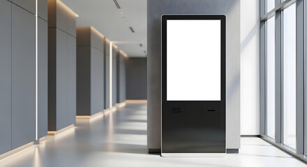 Mockup Blank digital display stands in modern office hallway.