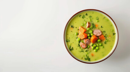 Isolated Erbsensuppe on black background, featuring green pea soup with potatoes, carrots, and sausage