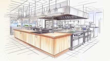Detailed architectural sketch of a commercial kitchen design.