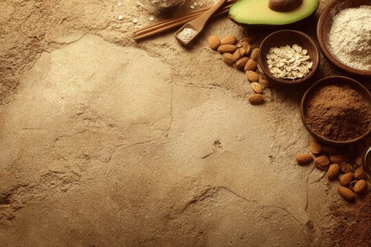 Avocado almond oat flour cocoa powder and salt on rustic stone background healthy ingredient arrangement for baking or cooking natural and organic food concept