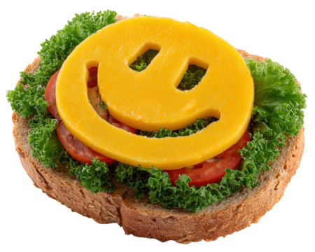 Smiling cheese slice whole grain bread fresh lettuce tomato healthy sandwich playful food vegetarian meal isolated on transparency background
