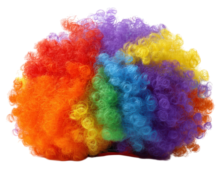 Colorful curly wig, rainbow clown hair, synthetic costume accessory, isolated on transparency background, vibrant and playful, party prop, fun and cheerful style